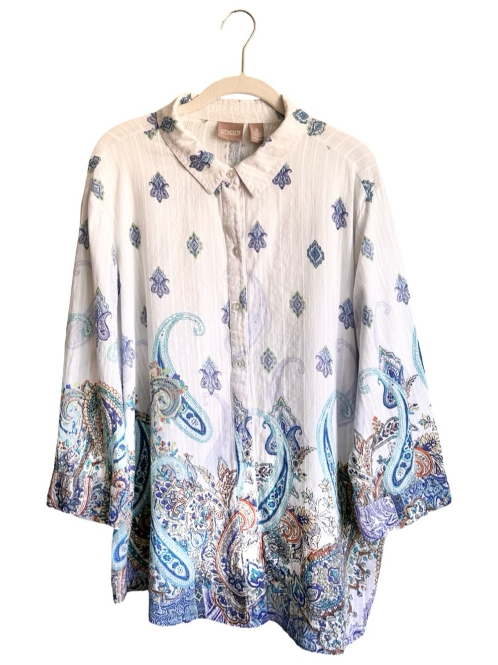 Chico's Women White Blue Paisley‎ Cotton Button Up Shirt Sz XL 16 Coastal Summer